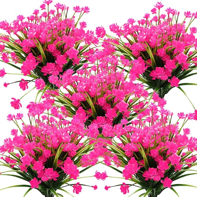 Artificial Flowers Outdoor UV Resistant Fake Plants Indoor Outside Hanging Planter Home Garden Decor, 10 Bundles (Pink)