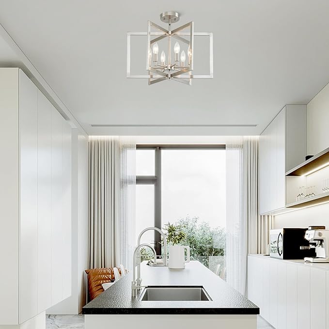 Brushed Nickel Chandelier 6-Light Modern Geometric Metal Lighting Fixture for Dining Room Kitchen Island Living Room Entryway Hallway Bedroom, 20 Inch Adjustable Pendant Ceiling Hanging Lamp