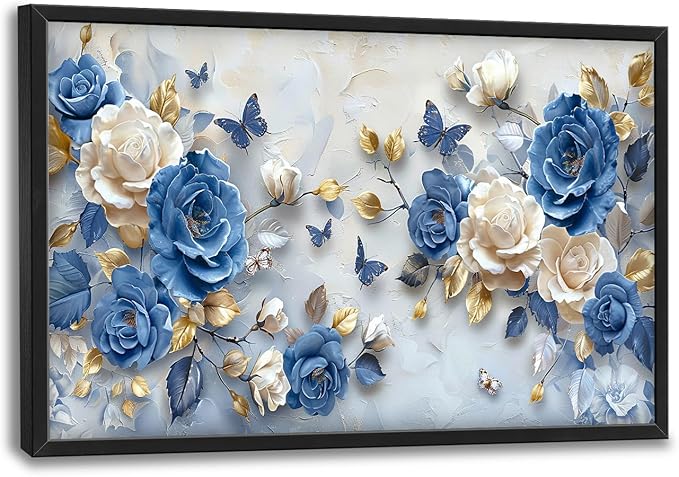 Framed Large Wall Art for Living Room, Blue and White Florals Canvas Wall Decor, Flowers Pictures Painting, Modern Artwork for Living Room Bedroom Office 36L'' × 24W''