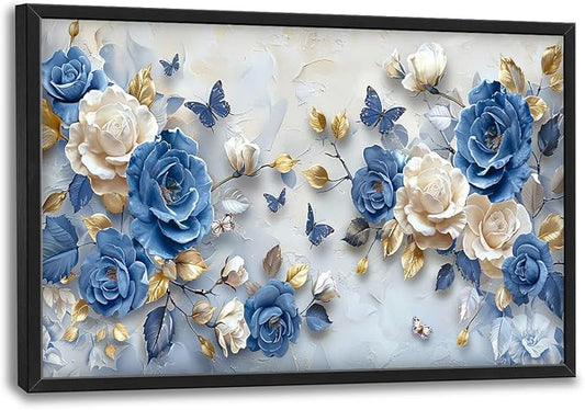 Framed Large Wall Art for Living Room, Blue and White Florals Canvas Wall Decor, Flowers Pictures Painting, Modern Artwork for Living Room Bedroom Office 36L'' × 24W''