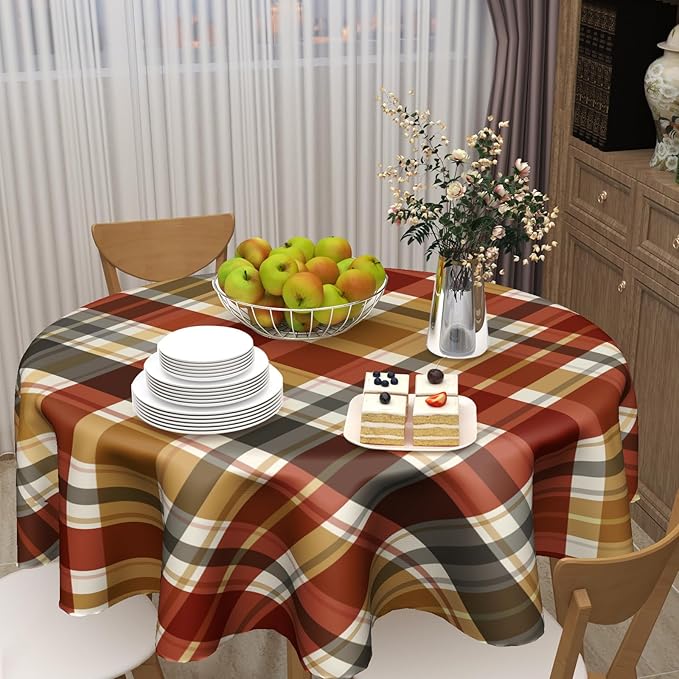 Fall Tablecloth Round 60 Inch Autumn Thanksgiving Table Cloths Round Fall Autumn Buffalo Plaids Table Cloth Rustic Farmhouse Tablecloth for Holiday Kitchen Dining Room Party Picnic Indoor Outdoor