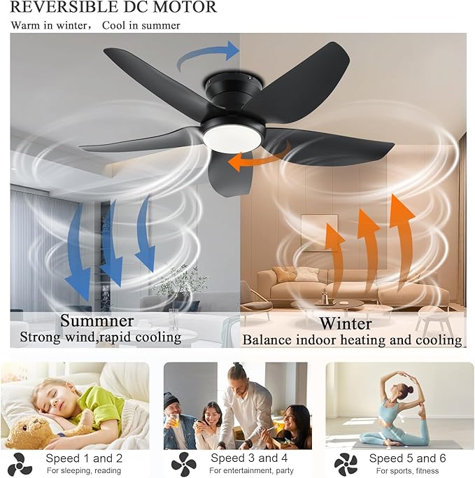 Ceiling Fans with Lights, 43 Inch Low Profile Ceiling Fan with Light and Remote/App Control, Flush Mount, Reversible DC Motor, 3CCT, Dimmable, Noiseless, Black Ceiling Fan for Indoor/Outdoor Use