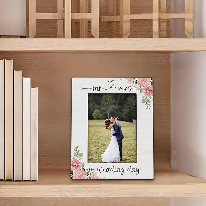 Wedding Picture Frame 5x7, Engagement Photo Frame, Engagement Gifts for Couples Newly Engaged, Mr and Mrs Our Wedding Day Couples Wooden Picture Photo Frames for Desk Home Room Decor