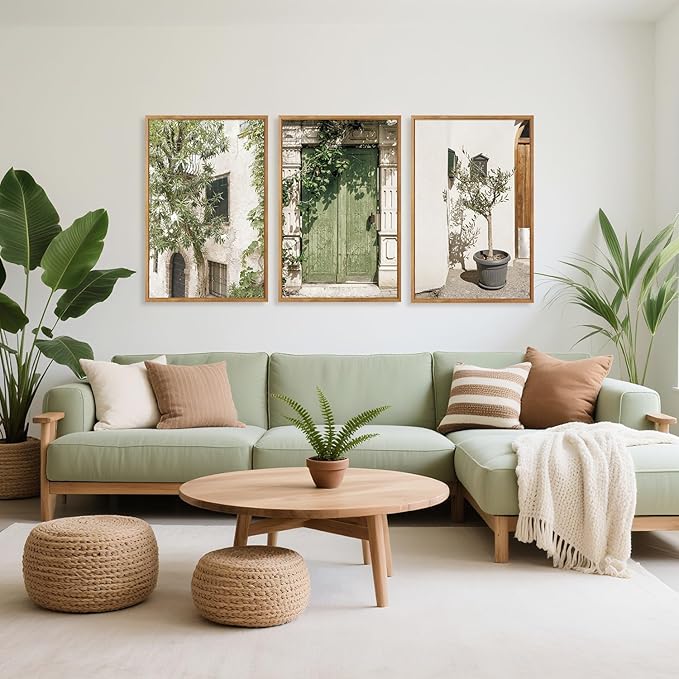 CHDITB Vintage Italy City Landscape Framed Canvas Wall Art Set, Mediterranean Door Wall Decor, Olive Green Cityscape Painting, Tree Old House Italian Art Print For Living Room Bedroom Office 16"x24"x3