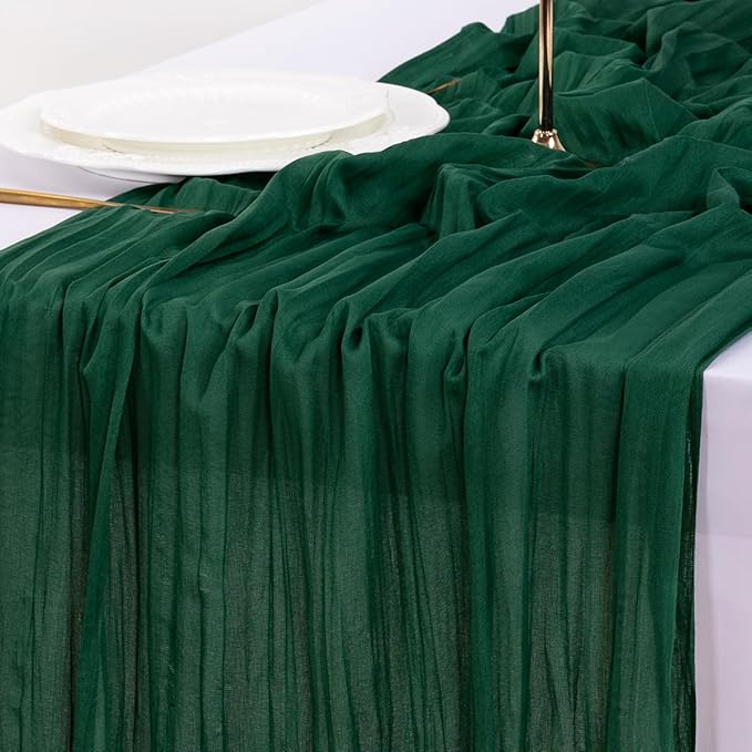 Socomi 3pcs Emerald Green Cheesecloth Table Runner Fall Thanksgiving Boho Rustic Gauze 120 inch 10FT Cheese Cloth Runner for Wedding Party Baby Shower Birthday Home Decor Holiday Decorations