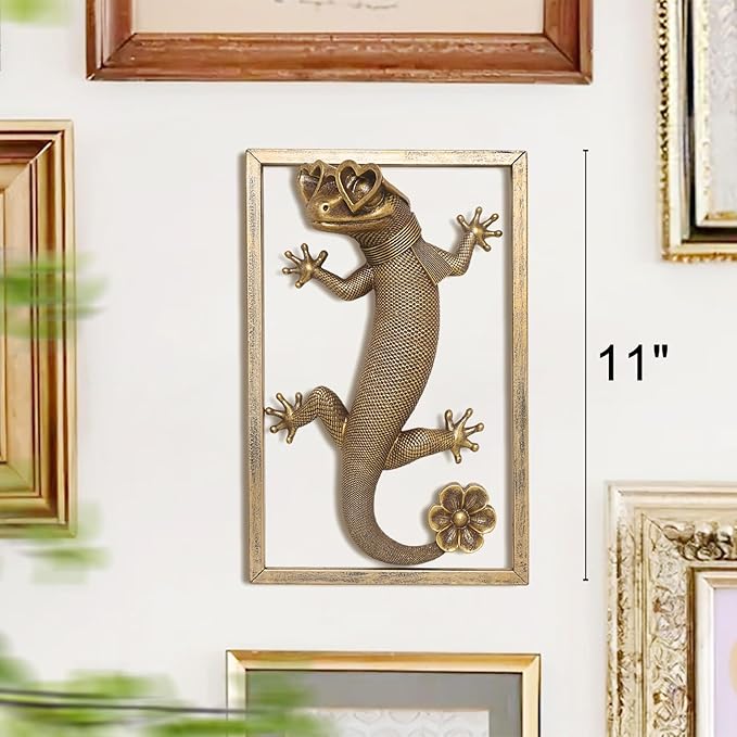 Animal Heads Wall Decor (Includes Metal Frame) Resin Animals Sculptures Head Wall Hanging Decoration Gold vintage Wall Sculpture for Living Room Bedroom Office(Lizard)