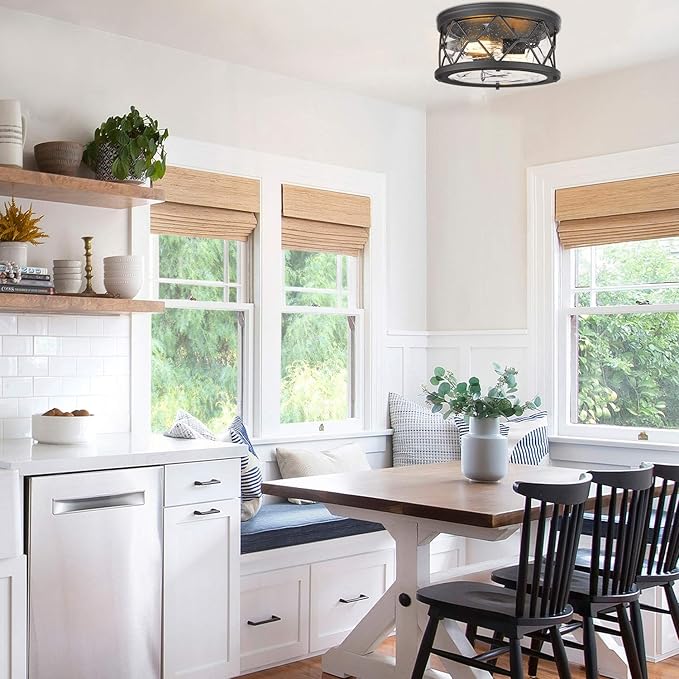 zeyu 2-Light Black Flush Mount Ceiling Light - Modern Industrial Ceiling Light Fixture for Kitchen Hallway Bedroom, Black Finish with Seeded Glass Cover, ZW22-F BK