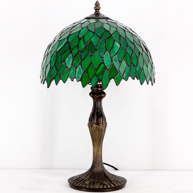 WERFACTORY Tiffany Table Lamp Green Wisteria Style Stained Glass Desk Bedside Reading Light 12X12X18 Inches Decor Bedroom Living Room Home Office S523 Series
