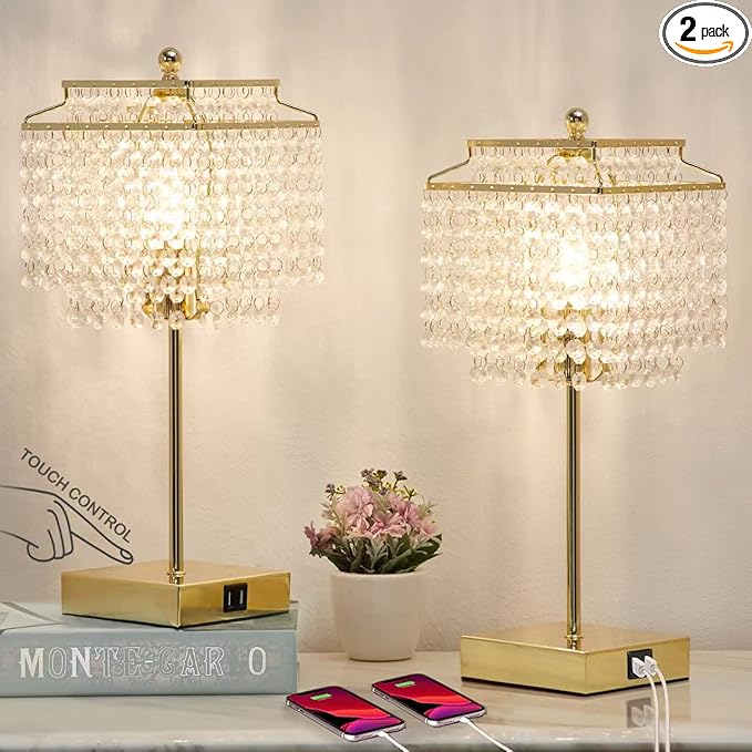 Luvkczc Set of 2 USB Bedside Crystal Table Lamp Gold, Touch Control Lamp, 3-Way Dimmable Lamp with Crystal Shade for Bedroom, Living Room, 6W LED Bulb Included