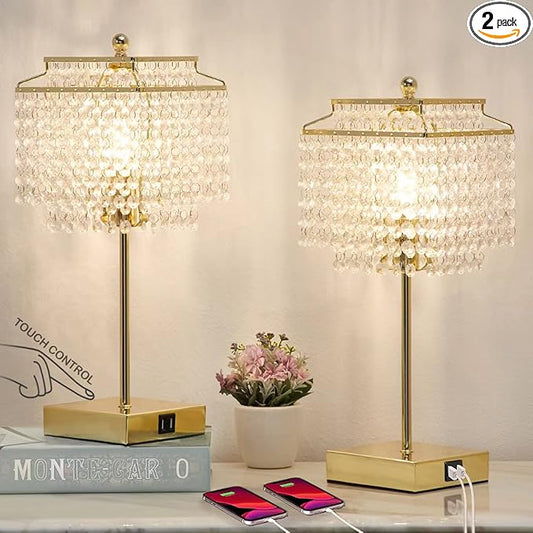 Luvkczc Set of 2 USB Bedside Crystal Table Lamp Gold, Touch Control Lamp, 3-Way Dimmable Lamp with Crystal Shade for Bedroom, Living Room, 6W LED Bulb Included