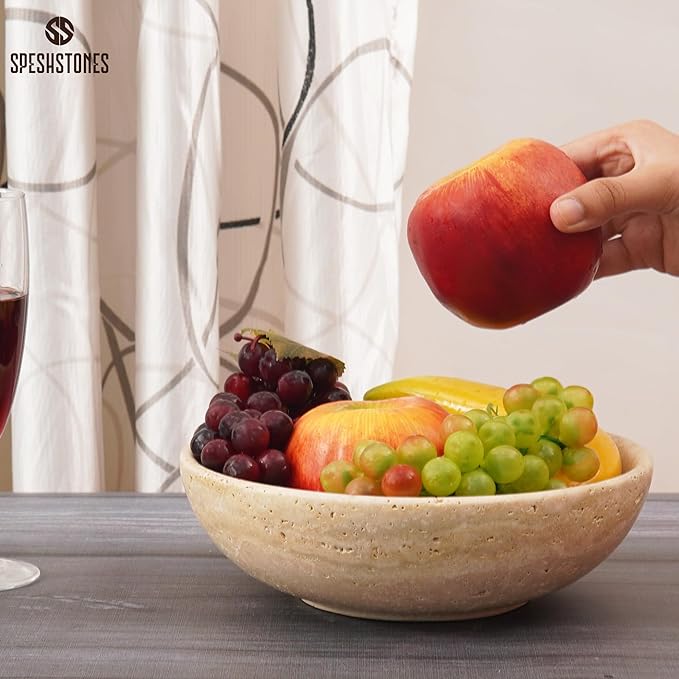 Marble Fruit Bowl 8 Inch Handmade Travertine Large Decorative Bowls For Kitchen Counter, Dining & Coffee Table Centerpiece - Modern Pedestal Bowl for Entryway and Home Decor