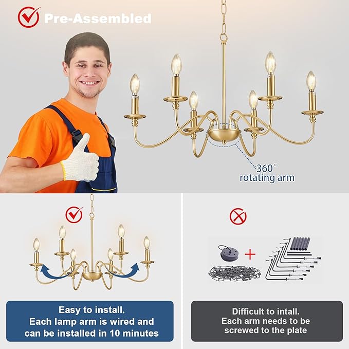 Depuley Gold Chandelier Light Fixture: 6-Light Modern Farmhouse Chandelier for Dining Room Lighting - Industrial Hanging Pendant Lights Kitchen Island - Vintage Iron Candle Chandeliers for Foyer