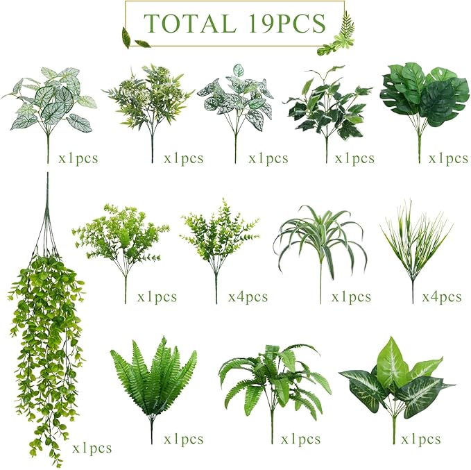 GTIDEA 19Pcs Outdoor Artificial Plants UV Resistant Fake Shrubs Bushes Plastic Greenery, Faux Plants for Outside Indoor Hanging Plants Garden Porch Window Box Home Wedding Farmhouse Décor