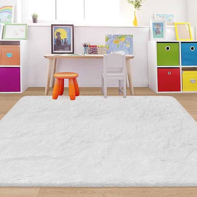 White Rug for Bedroom 4x6ft Fluffy Area Rug Mat Bedside Throw Rug for Living Room Kids Room Boys Teens Nursery Baby Dorm Office Home Decor Aesthetic Carpets