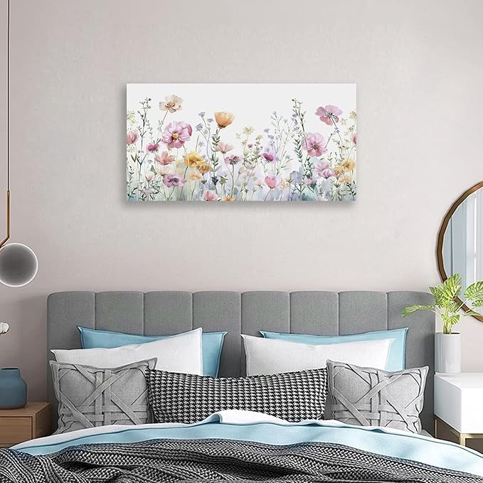 Tucai Decor Floral Wall Art Decor 30 x 58 inches Pink Yellow Purple Flowers Painting Canvas Art for Living Room Bedroom Office Watercolor wildflowers Art Prints Ready to Hang
