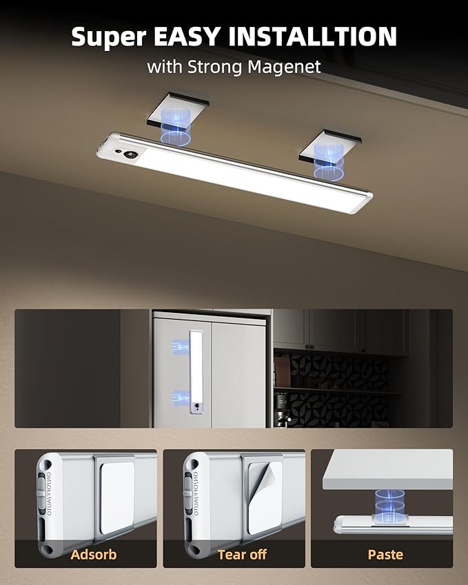 EZVALO 3 Pack Under Cabinet Lighting, Rechargeable Motion Sensor Light, LED Closet Lights Wireless, 5700K Dimmable, Timer, Magnetic, with Remote Control for Kitchen, Closet, Stair