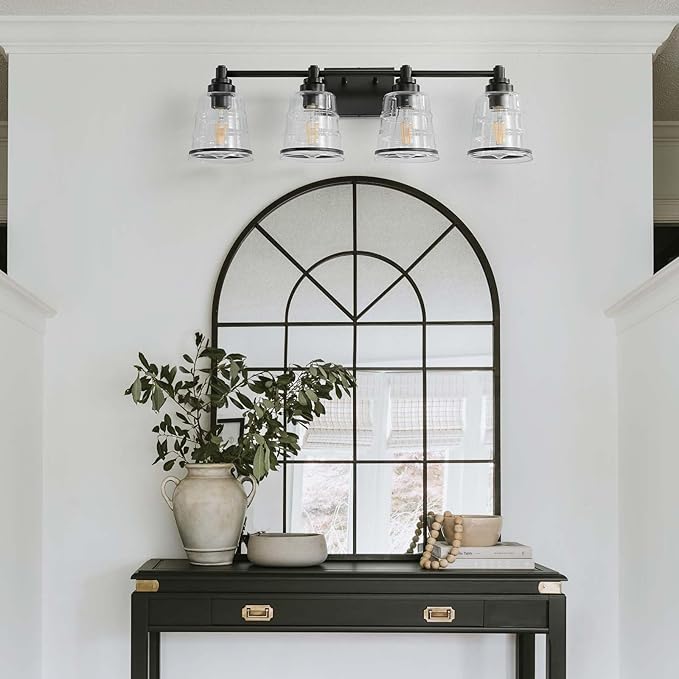 Black Bathroom Vanity Light Fixture, 4 Light Bathroom Light Fixtures Over Mirror with Clear Glass Shade and Metal Base Wall Sconce, 29.1 inch Modern Vanity Light for Bathroom(Exclude E26 Bulb)