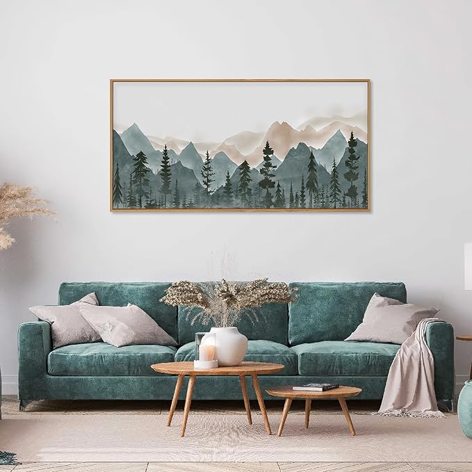 CHDITB Large Mountain Wall Art, 20"x40" Framed Forest Woodland Wall Decor, Pine Tree Landscape Wall Painting, Nature Scenery Canvas Art Prints for Living Room, Bedroom, Office, Dining Room