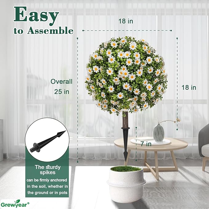 Set of 2 Artificial Topiary Ball Trees with White Mum, Faux Boxwoods for Outdoor Planters with Ground Spike, UV Resistant Artificial Outdoor Plants for Porch, Fake Bushes Round Shrub