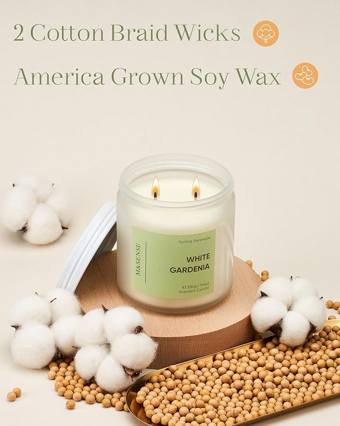 M&SENSE White Gardenia Scented Candle - 11.6oz Natural Soy Wax 70-Hour Long Lasting Burn Time Non Toxic, 2-Wick Spring Flower Candle for Home Decor Slow-Burning Aromatherapy Gifts