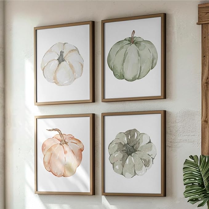JXREQ 4Pcs Pumpkin Fall Wall Art Decorations for Home, Fall Pumpkins Decor, Autumn Wall Decor for Kitchen Bathroom Bedroom Living Room Office, 8x10 Inch Unframed