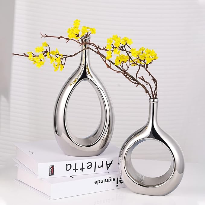 Glossy Silver Vase Ceramic Silver Vases Home Decor,Modern Minimalist Circle with Hole Decorative Vase, Hollow Ellipse Flower vases for Bookshelf, Fireplace Mantle, Centerpieces,Farmhouse,Rustic Décor
