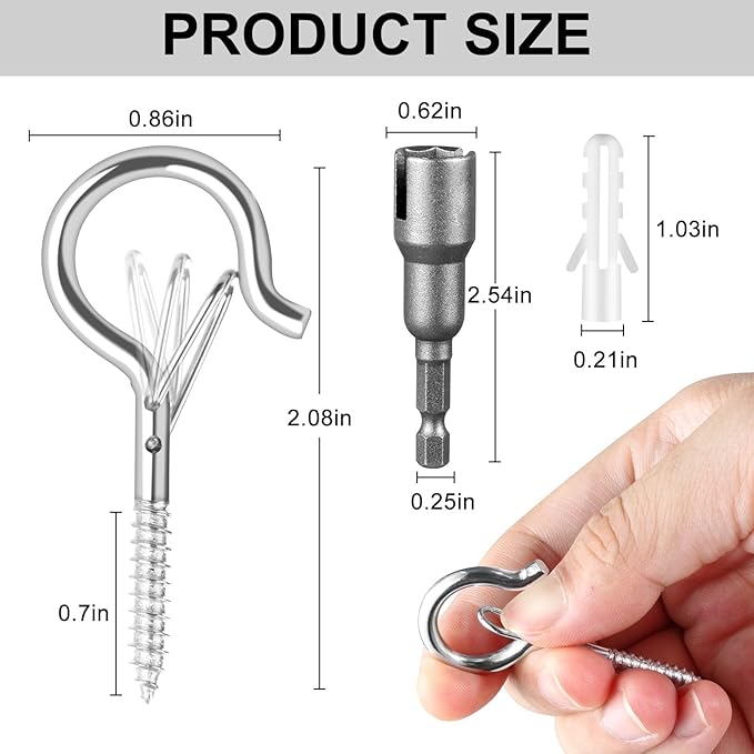 96 PCS Q-Hanger Hooks, Screw Hooks for Outdoor String Lights, Safety Buckle Design Cup Eye Hook for Hanging Christmas Lights, Plants, Mounted on Wall Ceiling, Include 1 Wing Nut Driver, Silver