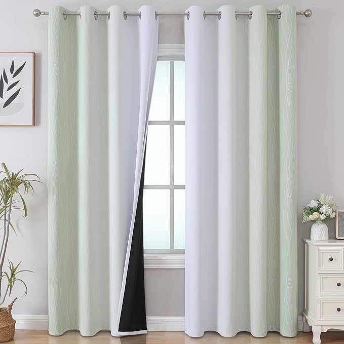 Estelar Textiler Sage and Grayish White Blackout Curtains 108 Inches Long, Thermal Insulated Drapes for Bedroom, Full Light Blocking Energy Saving Long Curtains for Living Room, 52Wx108L, 2 Panels