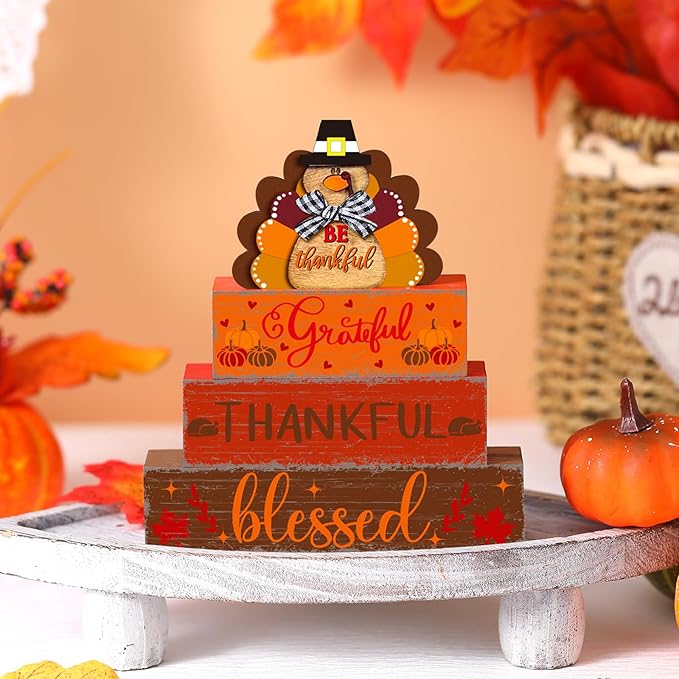 Geelin 4 Pcs Fall Turkey Table Decorations Thanksgiving Turkey Wooden Signs Rustic Harvest Tiered Tray Decor Tabletop Centerpieces Farmhouse Decor for Home Desk Room Kitchen Shelf