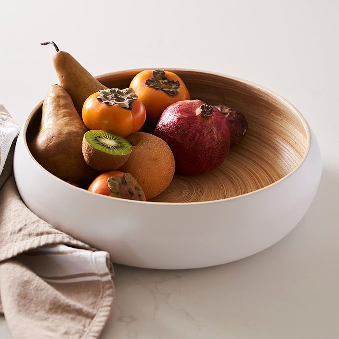 Fruit Bowl For Kitchen Counter, Decorative Bowl, Large Serving Bowl Or Fruit Basket For Kitchen Spun Bamboo (White)