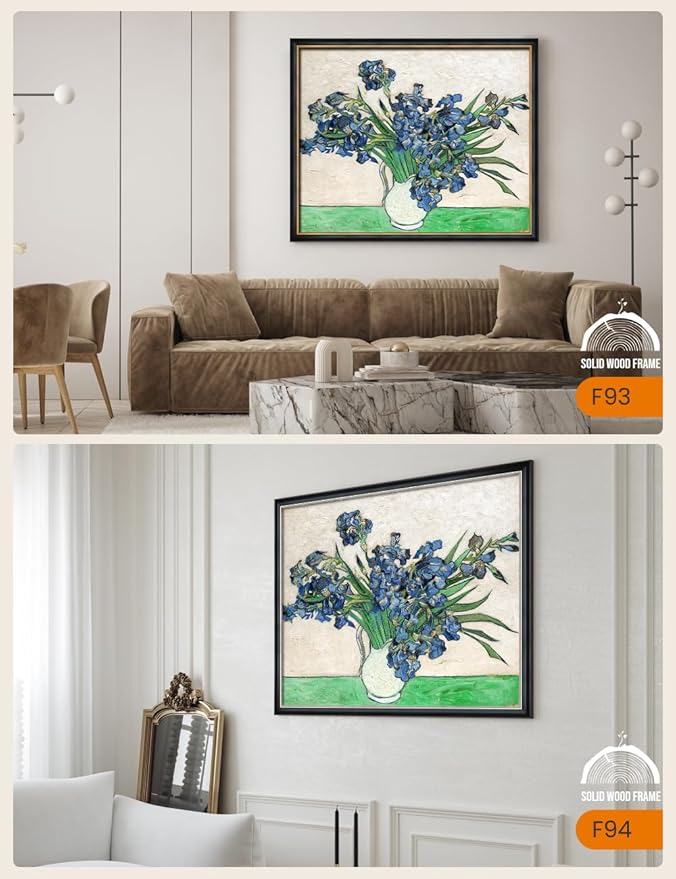 DECORARTS - Vase with Irises 1889 by Vincent Van Gogh Art Reproduction. Oversize Solid Wooden Frame Matching with Giclee Prints Canvas Wall Art. Total framed size: 43x35
