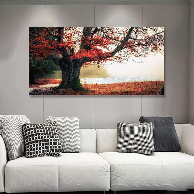 Stunning Nature Landscape Wall Art - 28x57 inches Canvas Artwork of Sunrise Forest Scenery with Red Leaves. Perfect Wall Decoration for Living Room, Bedroom and More