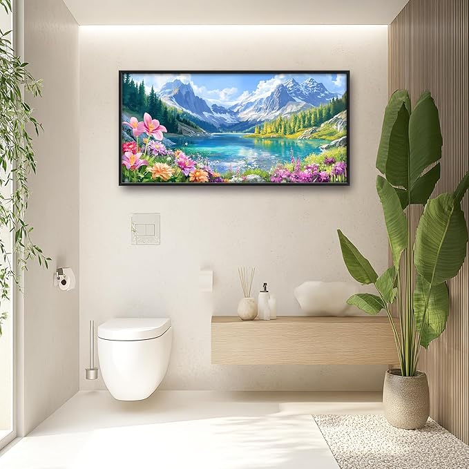 Extra Large Framed Mountain Lake Wall Art,Colorful Wild Flower Wall Decor,Mountain Forest Landscape Pictures for Living Room,Canvas Print Painting Modern Artwork Bedroom Office Bathroom 60L x30W