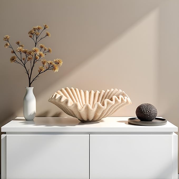 Large Decorative Bowl decor, Scalloped Pedestal Bowls for Modern Home Decor,Ruffle Decor,Stylish Key Bowl for Entry Table,Decorative Fruit Bowl for Kitchen Counter,Beige