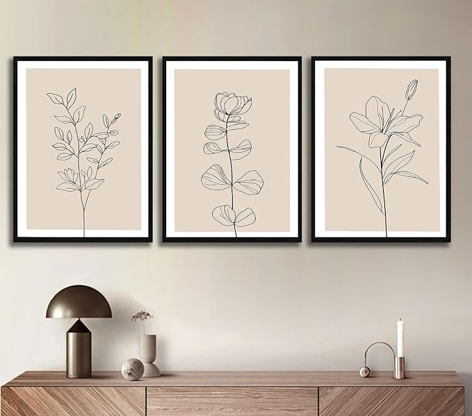 3Pcs Framed Canvas Wall Art Set Simple Botanical Line Art Print Modern Floral Poster Artwork Canvas Wrap Gallery Picture for Living Room Bedroom Bathroom Office Home Decor 16x24 Inch