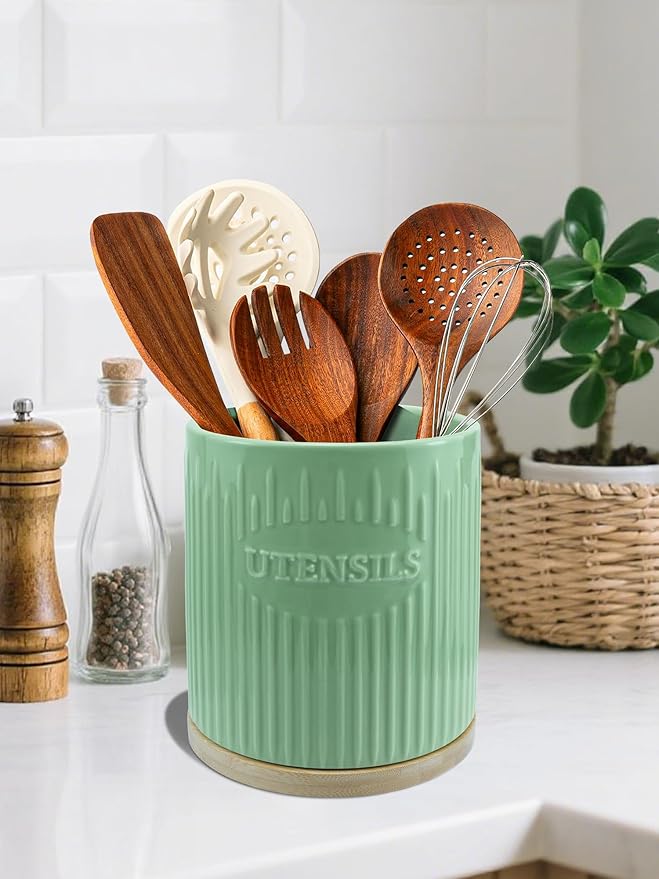 360° Rotating Utensil Holder, 7.6" Large Ceramic Kitchen Utensil Holder for Countertop with Bamboo Base, Stable Utensil Organizer, Farmhouse kitchen Decor, Green