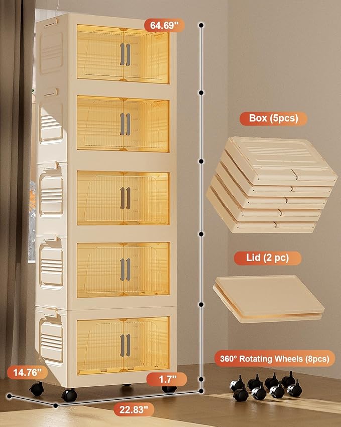 380QT Stackable Storage Bins with Lids 5 Pack, 95Gal Storage Containers with Smooth-Rolling Wheels, Plastic Closet Organizers and Storage, Collapsible Storage Bins for Home, Office and Dorm