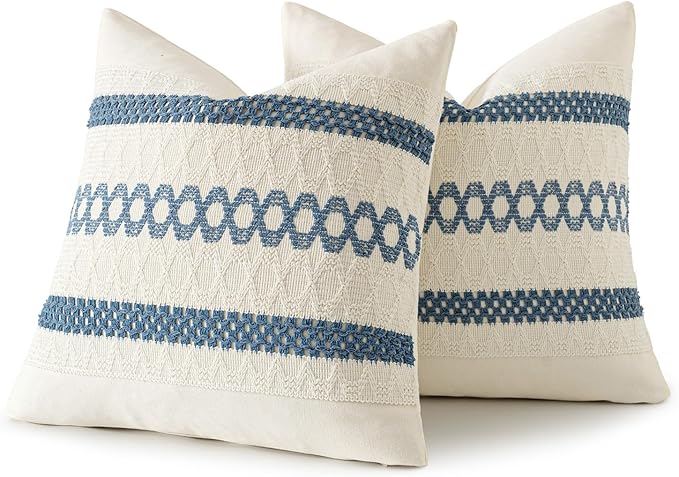 MIULEE Set of 2 Coastal Blue Boho Decorative Pillow Covers 16x16 Inch Farmhouse Rustic Couch Throw Pillows Modern Cotton Cushion Covers Retro Cute Macrame Woven Home Decor for Bed Sofa Chair