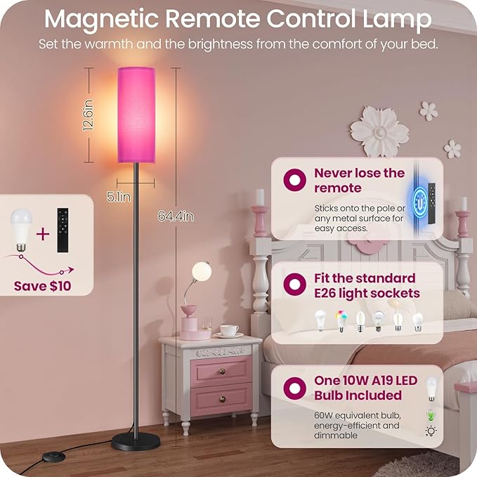 Dimmable Purple Floor Lamp for Living Room with Remote and Foot Switch, Corner Floor Lamp for Bedroom, 64.4" Standing Tall Lamp, 10W 900LM Bulb Included, 3000K-6500K, Linen Shade, FCC Listed Z06LD05W1