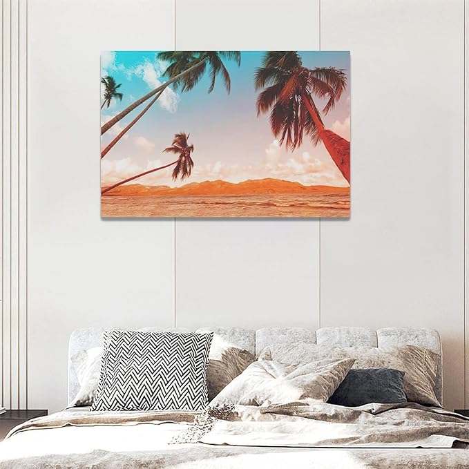 Large Beach Palms Wall Art Coastal Tropical Palm Tree Pictures Wall Decor Bathroom Ocean Nautical Canvas Painting Print Modern Home Decor Artwork Framed for Living Room Bathroom Master Bedroom 24"x16"
