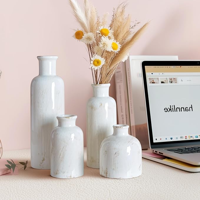 White Ceramic Vase Set, 10 Inch Farmhouse Decor Vase, Home Decorative Vases for Home Decor, Kitchen, Bedroom, Office, Living Room, Bathroom, Ideal Housewarming Gift(Old White)