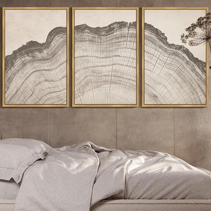 KUVIOKE Boho Vintage Antique Tree Wall Art Framed Neutral Retro Tree Rings Wood Prints Rustic Nature Illustrations Bedroom Living Room 24x36in (Natural Framed)