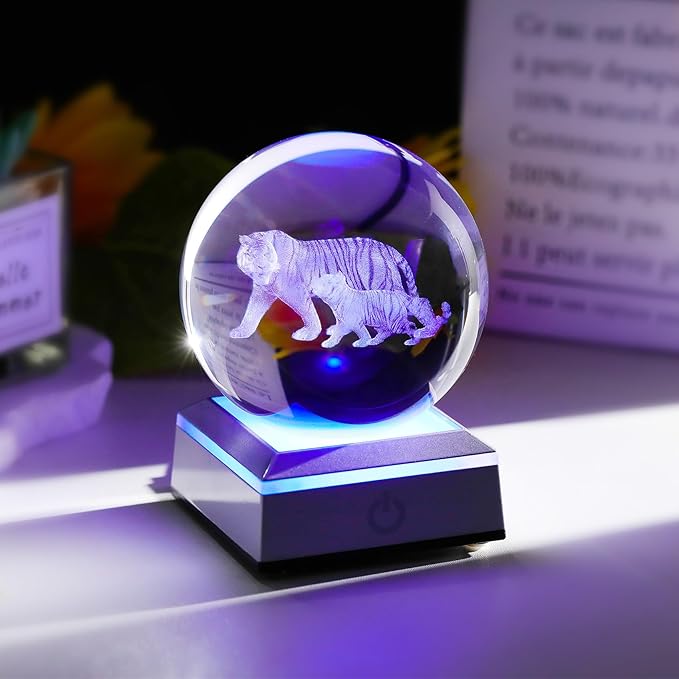 Ornalrist 3D Tiger's Crystal Ball with LED Light Base 3.15in - Tiger Gifts for Women, Mom on Mother's Day from Son, Daughter - 3D Crystal Ball Lamp Engraved Tiger Mother & Child Figurine Home Decor