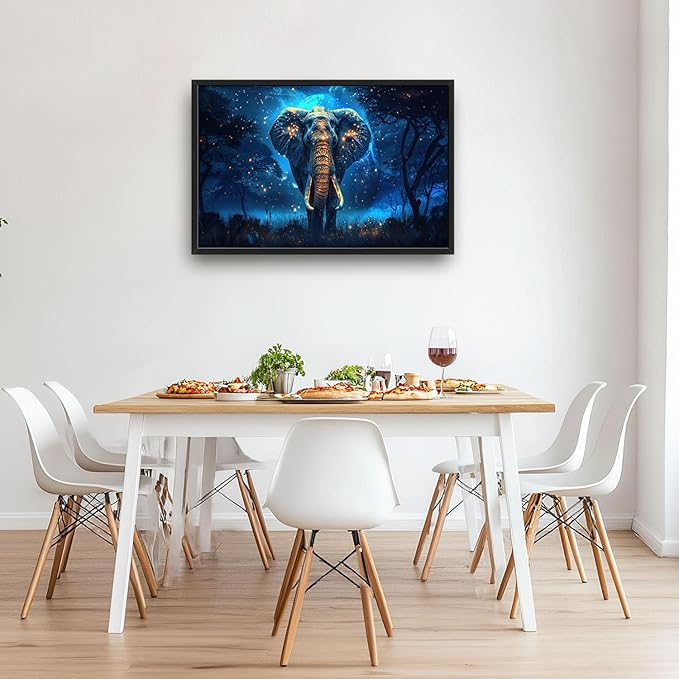 Flintis Large Elephant Wall Art Elephant Moon Wall Decor Abstract Animal Canvas Painting Print Artwork Decoration Framed for Living Room Bathroom Master Bedroom Office Dining Room 36L x 24W