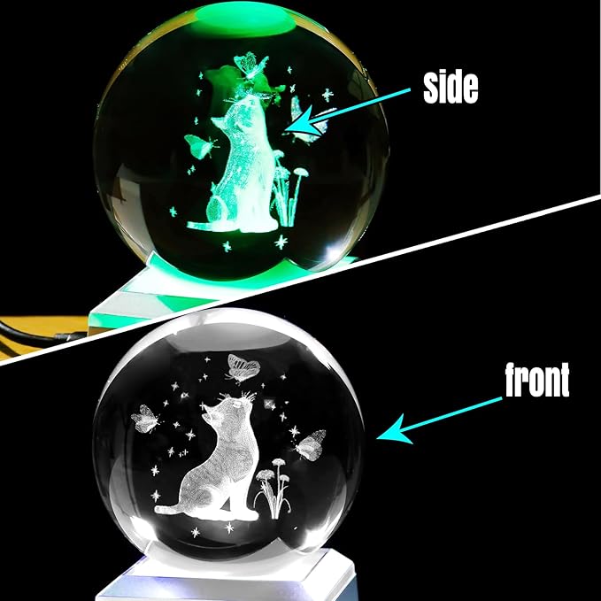 Ornalrist Cat Gifts for Women, Mom - 3D Crystal Ball 3.15'' Engraved Cat Butterfly and Carnation with LED Light Base - Cat Lovers Figurine Collection for Home Decor