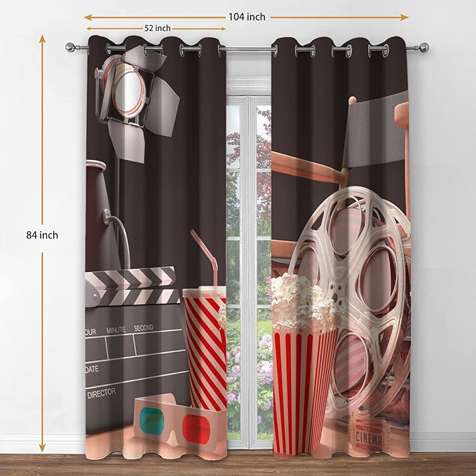 Jekeno Movie Theater Blackout Curtains Movie Theater Theme Print Home Bedroom Living Room Decor Sunlight Blocking Grommet Window Drapes 2 Panel Set, 52"x84"