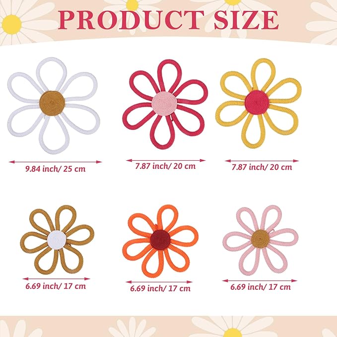 Barydat 6 Pcs Boho Nursery Decor Daisy Flower Woven Macrame Wall Hanging 3 Size Daisy Flower Wall Decor Bohemian Nursery Decorations for Home Dorm Art(Fresh Color)