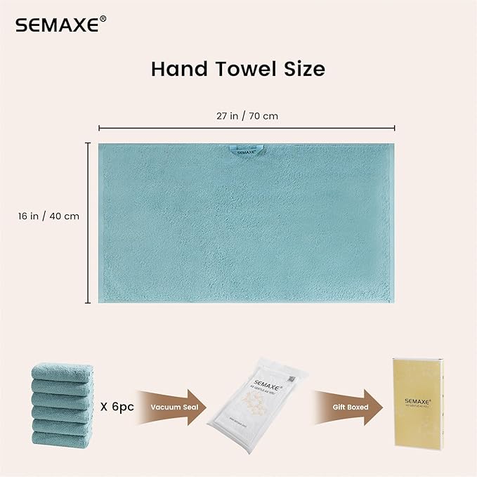 SEMAXE 6-Pack Blue Hand Towels - 27"x16" Ultra Soft & Absorbent Cotton Bathroom Set with Hanging Loops, Oeko-Tex Certified