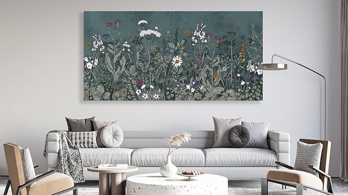 NINEASO Botanical Canvas Wall Art - Dusty Blue Wildflower Nature Pictures Bloom Floral Wall Decor Flower Plants Painting Print Artwork for Living Room Bedroom Home Office Decorations 29" x 58"
