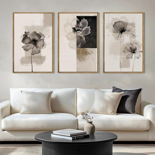 IARTTOP Framed Black Neutral Large Canvas Wall Art 16x24 Inch Minimalist Abstract White Tan Brown Flower Wall Decor Set of 3 for Living Room Bedroom Dining room
